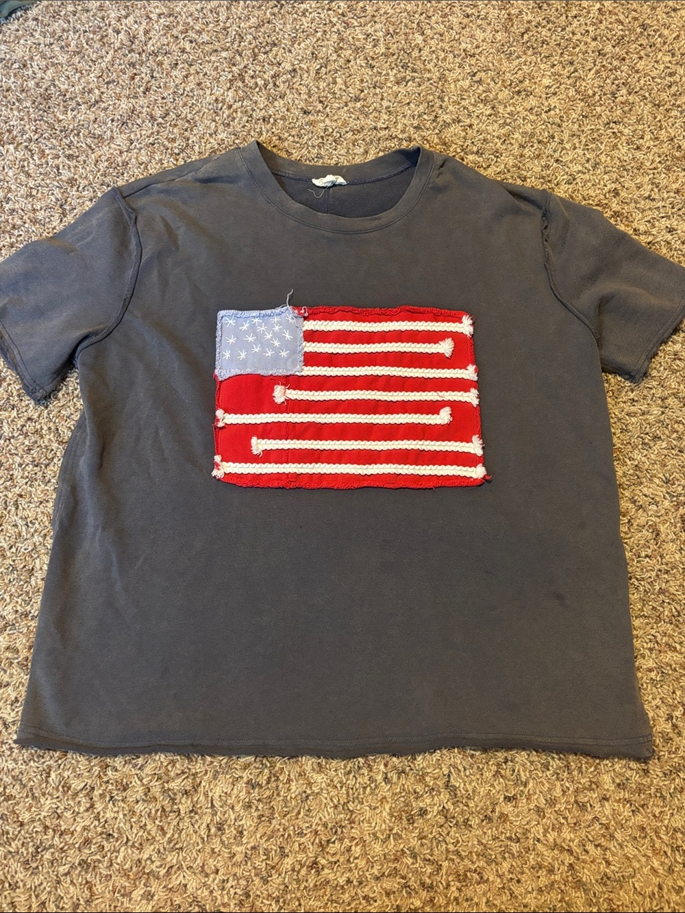 Women's Short Sleeve Crewneck Tee with Distressed Flag Patch - Charcoal